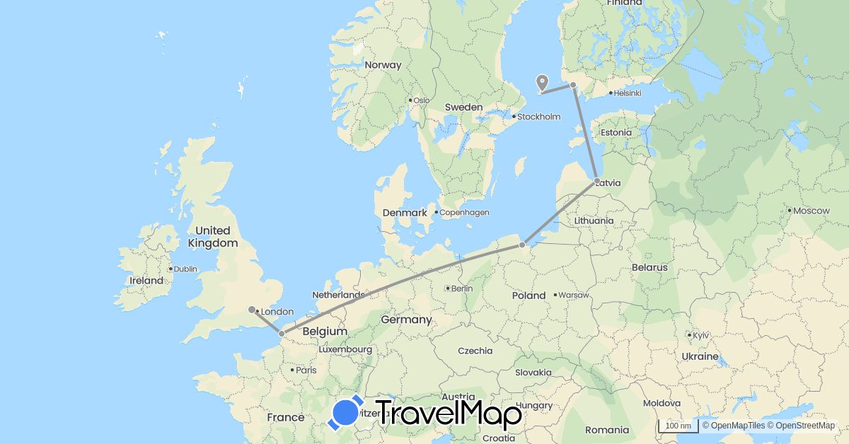 TravelMap itinerary: driving, plane in Finland, France, United Kingdom, Latvia, Poland (Europe)
